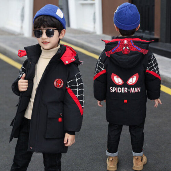 Barn Pojkar Spiderman Huvjacka Vinterkappa Parka Ytterkläder Black 130cm