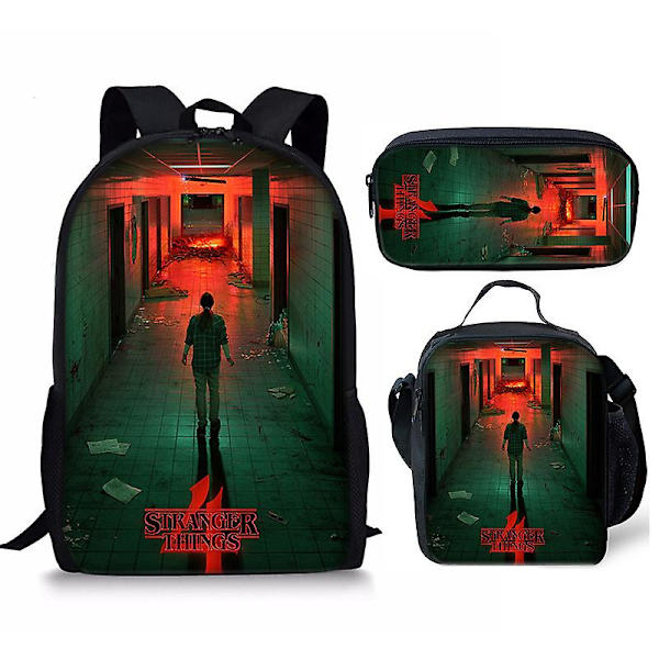 Stranger Things4 Student Skolväska Barn Unisex Ryggsäck Måltidsväska 14 3pcs
