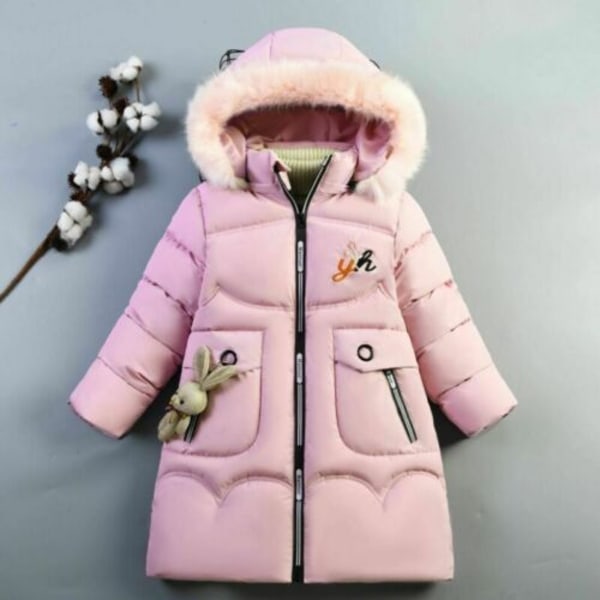 Flickor Vinter Varm Hooded Coat Vadderad Tjock Parka Cotton Jacka Pink 140cm