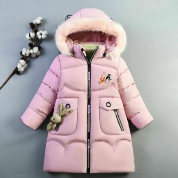 Flickor Vinter Varm Hooded Coat Vadderad Tjock Parka Cotton Jacka Pink 160cm