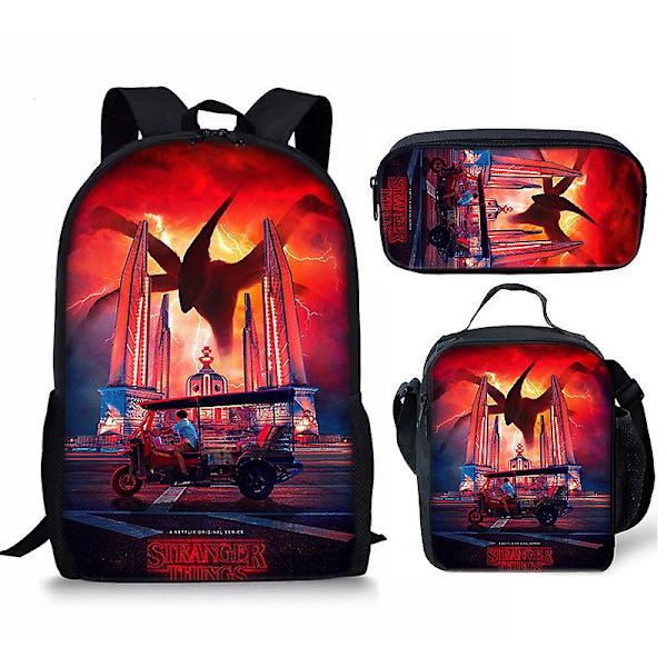 Stranger Things4 Student Skolväska Barn Unisex Ryggsäck Måltidsväska 4 3pcs