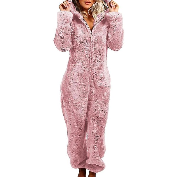 Dam Vinter Fluffy Fleece Hooded Allt i en Jumpsuit Pink 2XL