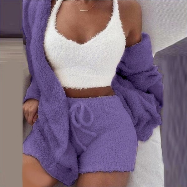 Vinterplysch hemkläder 3-delad pyjamas set med öppen navelväst deep purple XL