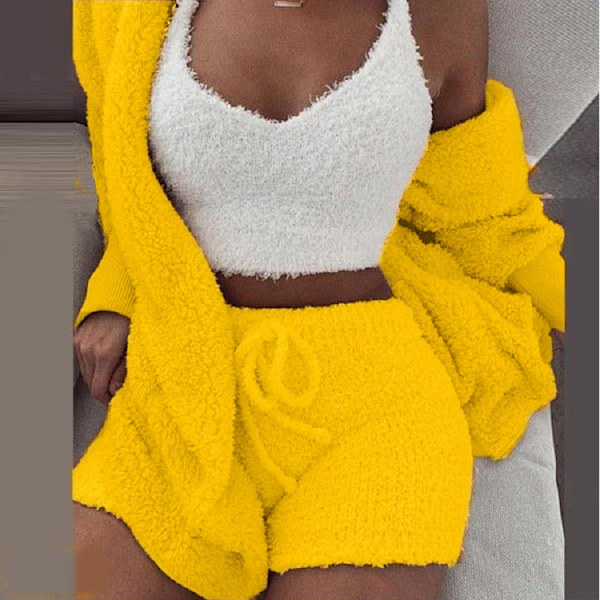 Vinterplysch hemkläder casual tredelad pyjamas långärmad yellow S