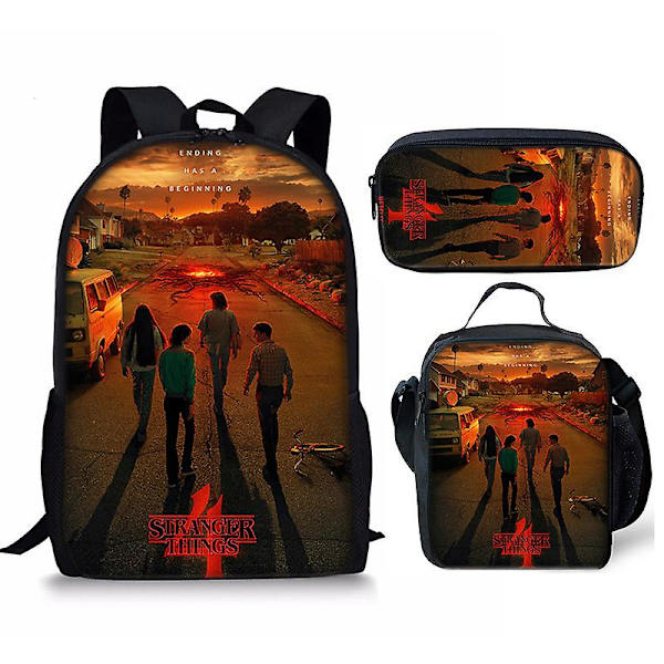 Stranger Things4 Student Skolväska Barn Unisex Ryggsäck Måltidsväska 6 3pcs