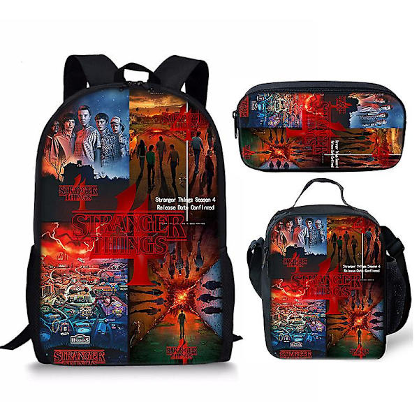 Stranger Things4 Student Skolväska Barn Unisex Ryggsäck Måltidsväska 17 3pcs