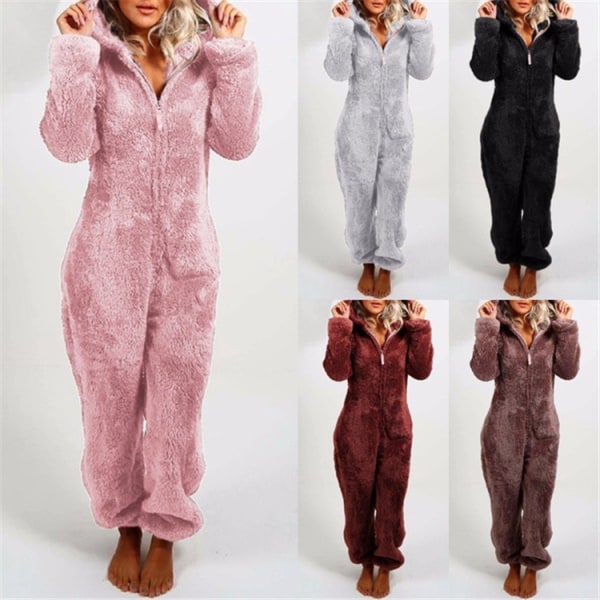 Dam Vinter Fluffy Fleece Hooded Allt i en Jumpsuit Wine Red L