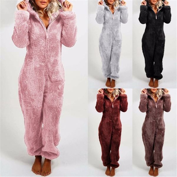 Dam Vinter Fluffy Fleece Hooded Allt i en Jumpsuit Wine Red M