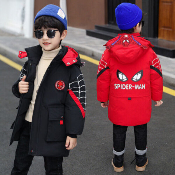Barn Pojkar Spiderman Huvjacka Vinterkappa Parka Ytterkläder Black 110cm