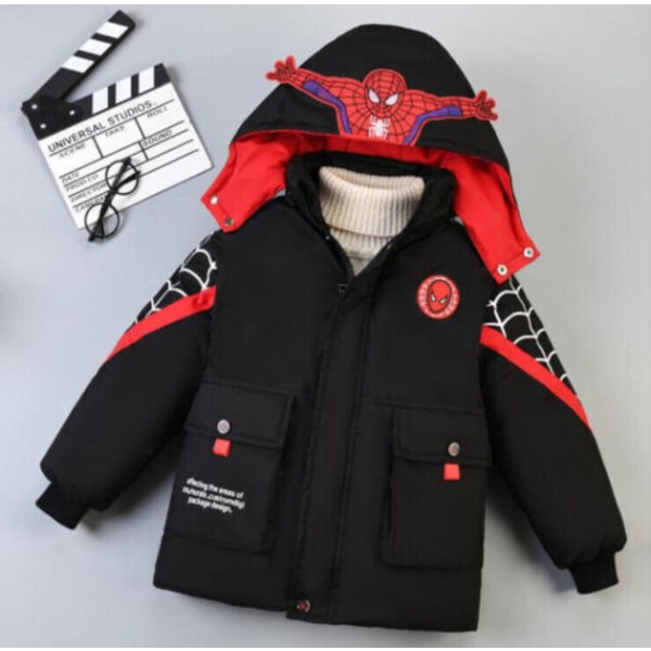 Barn Pojkar Spiderman Huvjacka Vinterkappa Parka Ytterkläder Black 140cm