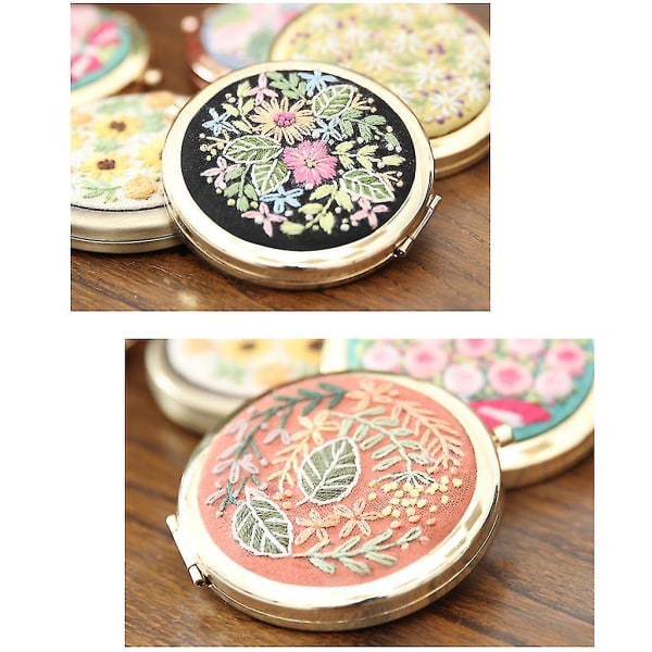 Gör-det-själv Broderi Kit Kompakt Pocket Blommig Makeup Spegel Dubbelsidig Vikbar Kvinnor