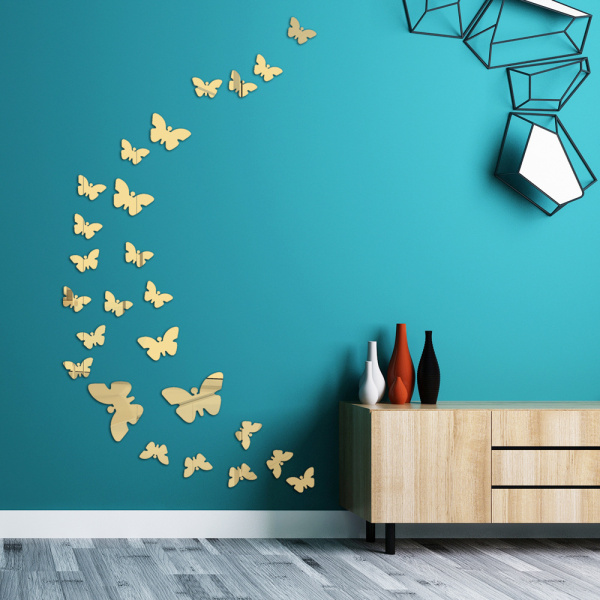 Väggdekal Butterfly 3D Butterfly Mirror 3D Wall Sticker Akryl Avtagbar 25 delar DIY Dante Wall Stickers golden