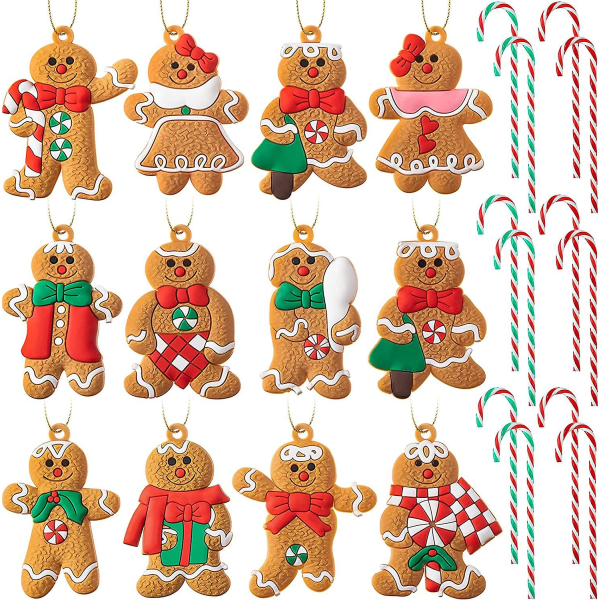 24 stycken julgodis och pepparkaksman prydnader Akryl godisrör Jul pepparkakor hängande prydnad julgran hängande dekoration