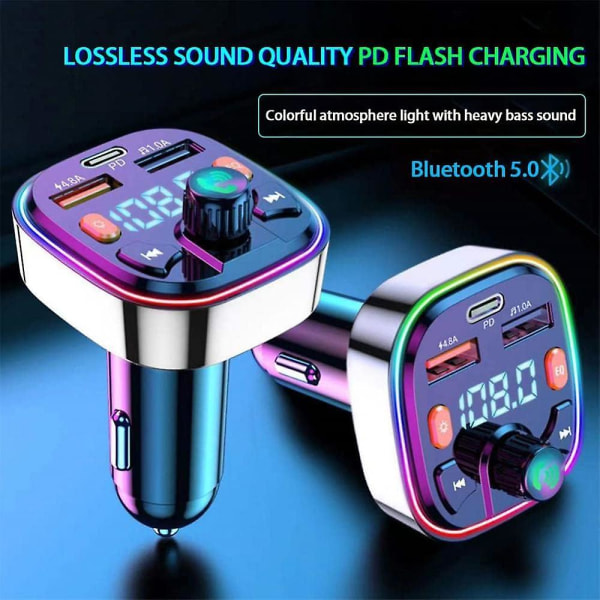 Bluetooth 5.0 Fm-sändare för bil, 2.1a+typ-c Pd 18w trådlös Bluetooth FM-radioadapter Musikspelare FM-bilsats