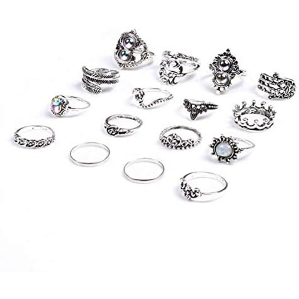 16 st Vintage Dam Boho Kristallring Silver Joint Knuckle Rings Set Tiara Stacking Smycken Ringar för kvinnor och flickor