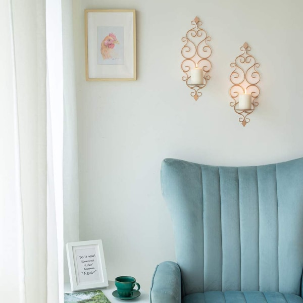 Set med 2 värmeljusstakar i metall Väggmonterad ljushållare, ljushållare för vägg i sovrum, badrum, vardagsrum, roséguld champagne gold