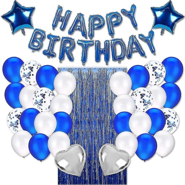 Födelsedagsfestdekoration Grattis på födelsedagen ballongbanner, konfettiballonger, folietofsgardin (blå)