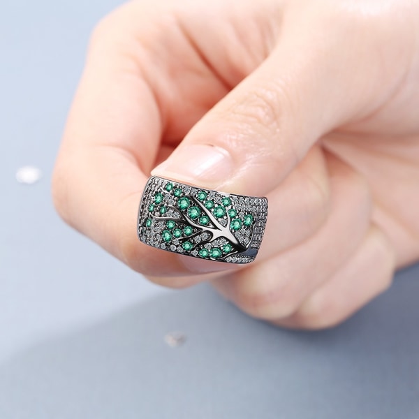 Full Zirconium Diamond Plommon Gren Ring - Svart Guld Grön Diamant Black gold+green