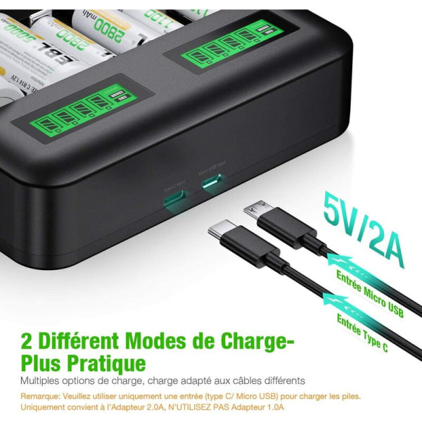 LCD universal batteriladdare, universal laddare för AA/LR6, AAA/LR3, C/R14, D/R20 Ni-MH uppladdningsbara batterier med typ C Micro USB -ingång Svart