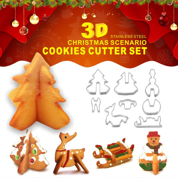 8-delad set Christmas Series Rostfritt stål 3D Stereo Biscuit Mould