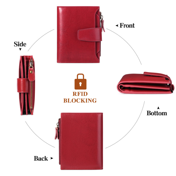 Röd liten plånbok för kvinnor Kompakt blockerande liten plånbok för kvinnor i äkta läder red