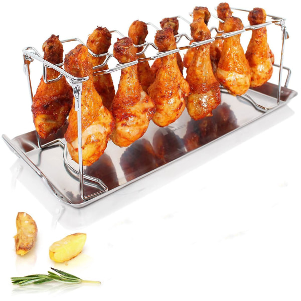 Kycklingbenshållare Inkl. Droppbricka + grillborste Fjäderfähållare i rostfritt stål av hög kvalitet för jämnt tillagade kycklinglår