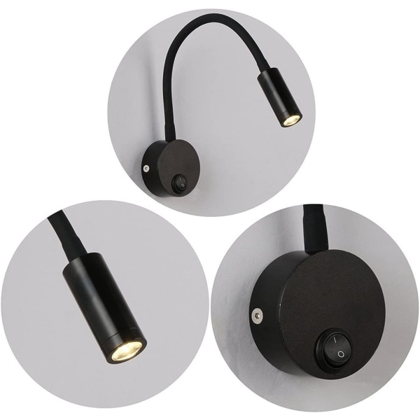 2 delar svart 3W väggläslampa, flexibel justerbar halslampa i aluminium skrivbordslampa, sänglampa med strömbrytare LED ögonvård