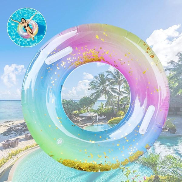 Simring för vuxna Regnbågspaljetter med handtag Simring Genomskinlig flytande ring Hållbar uppblåsbar pool simring tub Sommar poolfest