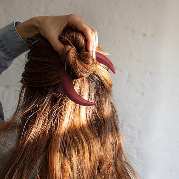 Handsnidad halvmånshårklo, hårklämmor, hårgaffel för kvinnor, hårstav, trä (4,4'', röd)