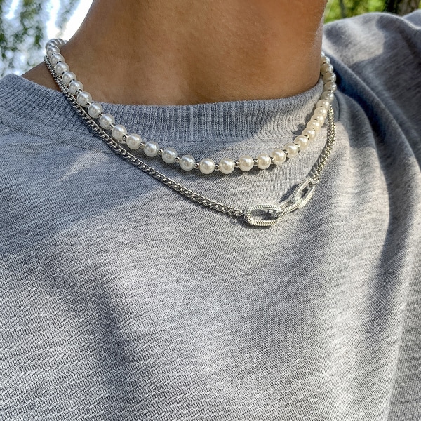 Hip Hop Vintage Imitation Pearl Men Halsband Geometrisk Metal Chain Choker silvery