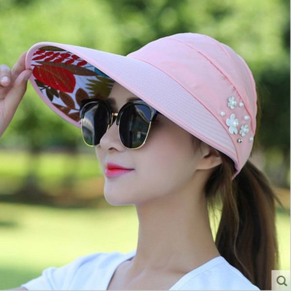 Sommarsolhatt med pärla justerbar stort huvud bred brättad strandhatt UV-skydd hopfällbar solhatt pink Blue