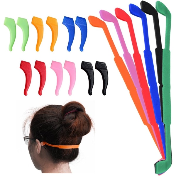6-pack anti-slip glasögonhållare med 6 par öronkrokar för barn och vuxna, perfekt för sport, svart, röd, orange, rosa, blå, grön