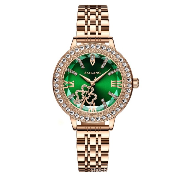 Lingformad urskuret glas Gypsophila watch Watch Enkel modepresent roséguld diamant brittisk watch - Grön yta stålband
