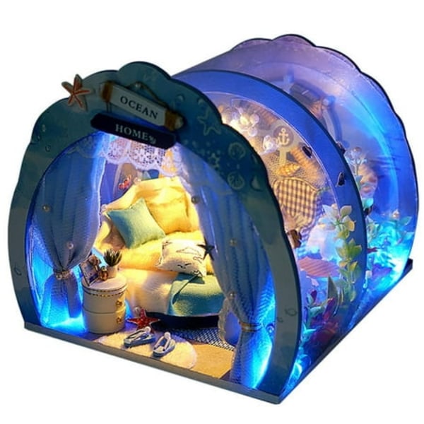 LED DIY Mini Ocean Tunnel Dollhouse Kit Miniatyrmöblerad trädockhus