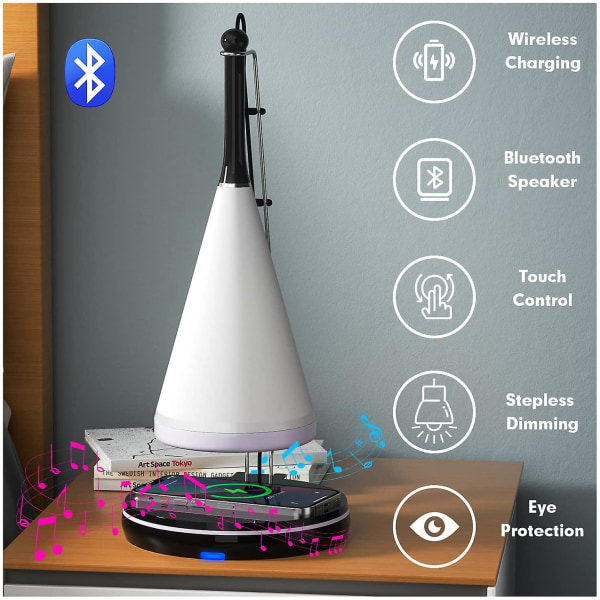 Bordslampa Bluetooth högtalare: Led trådlös laddning Sänglampa Touch Sensor Steglös dimmer Skrivbord Nattlampa För sovrum Study Office Sovsal