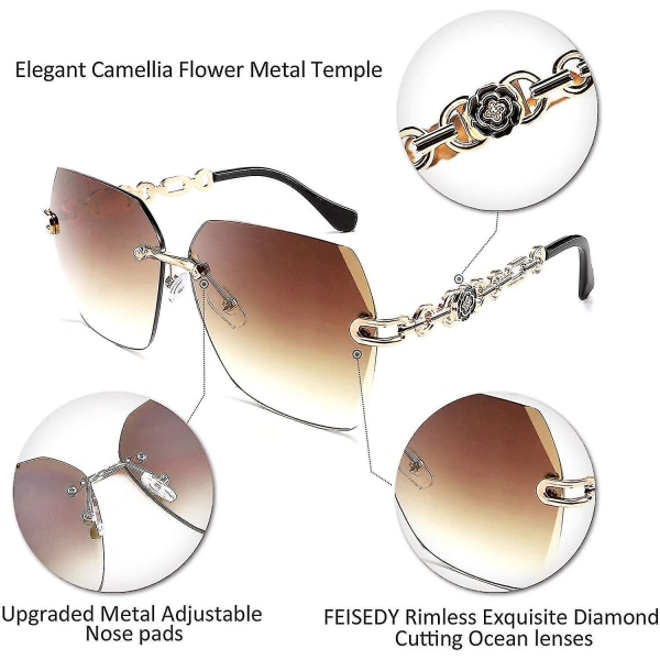Ramlöst mode små doft metall trimmade diamant kamelia solglasögon för kvinnor