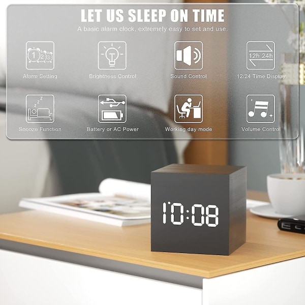 Mini digital väckarklocka, 3 larminställningar, 12/24 timmar, snooze, styr larmvolym och ljusstyrka, LED-klockor i trä för sovrum, säng, skrivbord, barn, B