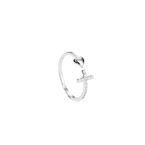 925 Sterling Silver Heart Cross Ring Fade Fade Open Ring Love Diamond Nisch Ring Silver Heart Cross Ring med öppet hjärta och diamanter