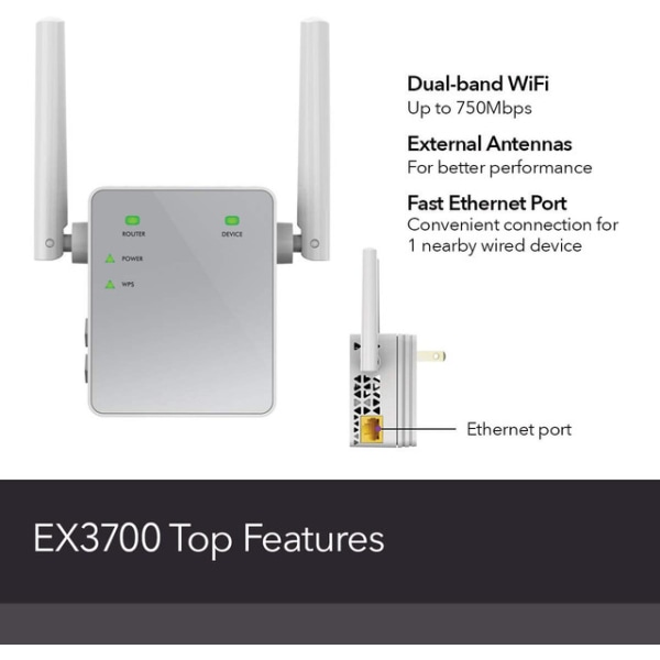 Wi-Fi Range Extender EX3700 - Har AC750 Dual Band Wireless Signal Booster och Repeater (hastigheter upp till 750 Mbps)