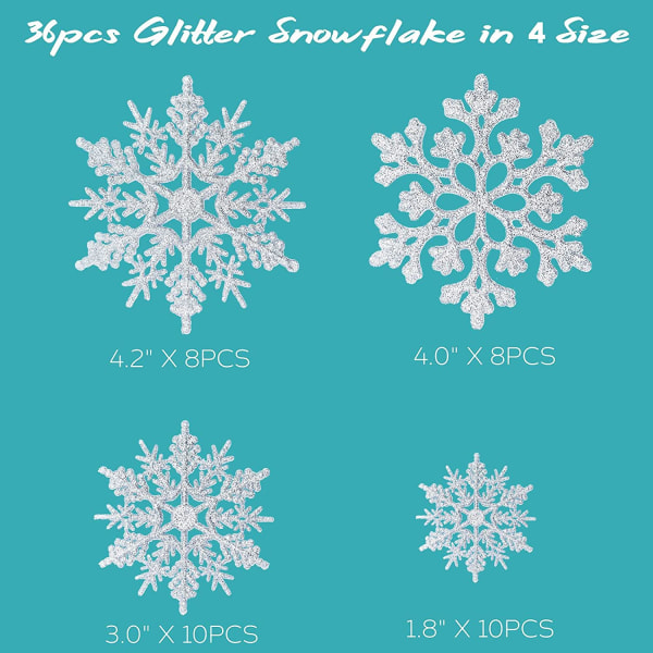 36st glitter snöflinga prydnader, julgransdekorationer, jul fönsterdörr tillbehör