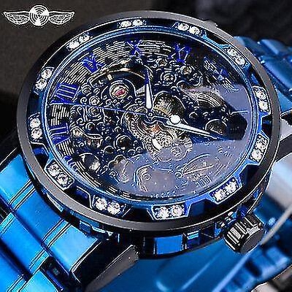 (Blå) Vinnare Transparent Diamond Mechanical Watch Blå Rostfritt stål Skeleton Watch Toppmärke