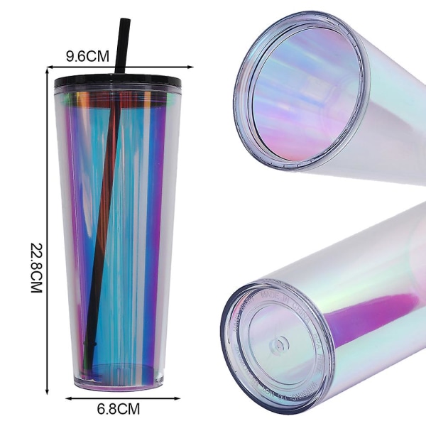Dubbellagers Plast Kallvattenkopp, Beverage Cup, Transparent Laser Straw Water Cup med lock