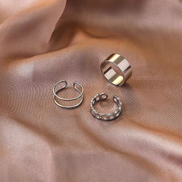 Silver Staplad Ring 3-delad Kedjering Set Dammode Personlighet Cool stil Tredelad Set Kombination Design Sense