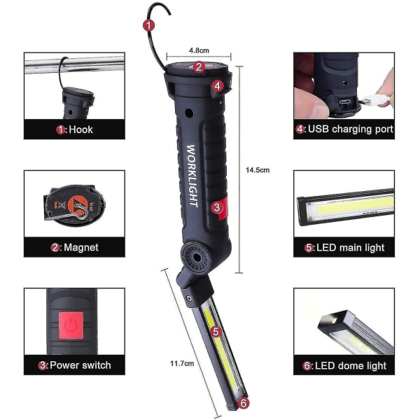 USB multifunktions COB-magnet för automatisk reparationsarbetslampa LED rött varningsljus varningsljus ljus ficklampa underhållsarbetslampa