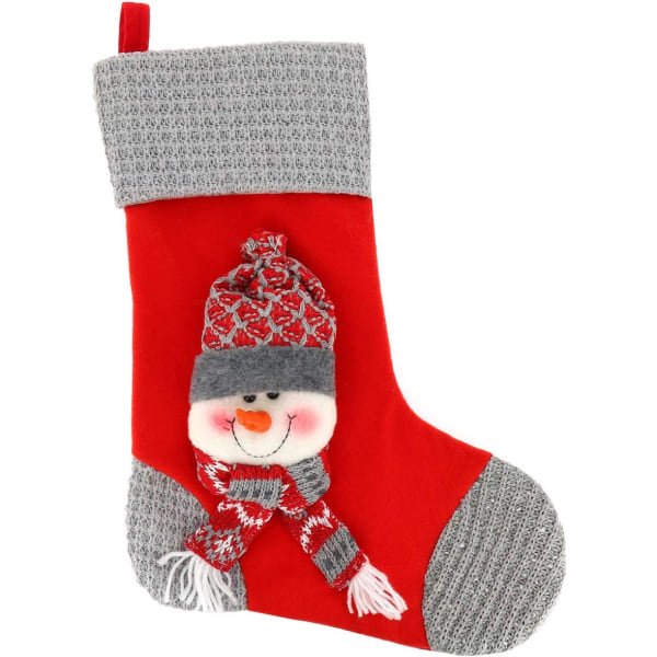 Stor hängande julstrumpa - Röd och grå 3D Snowman Sock - Vintage traditionell dekoration - Julstrumpa att hänga och toppa med presenter