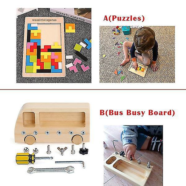 Montessori Wisdom Träleksaker Muttrar Skruvar Bultar Set Leksaker för tidig utbildning Buss Upptagen bräda Arbetsbänk Verktyg Barns vardag Undervisningsleksaker