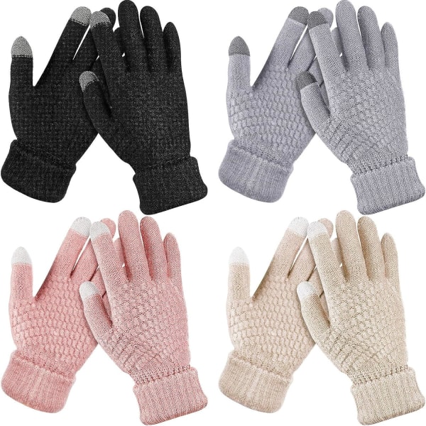 4 par pekskärmshandskar för kvinnor, varma fleecefodrade stickade handskar Elastisk manschett Vinter texthandskar