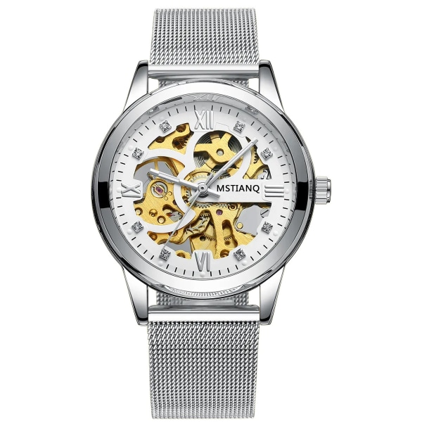 Ny watch Automatisk Mekanisk Watch Vattentät Lysande Fritidsaffär Mekanisk Mänsklocka-Mesh-bälte Silver silvery