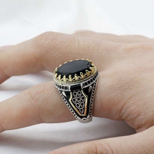 Retro handgjord turkisk ring för män Vintage svarta zirkonringar punk