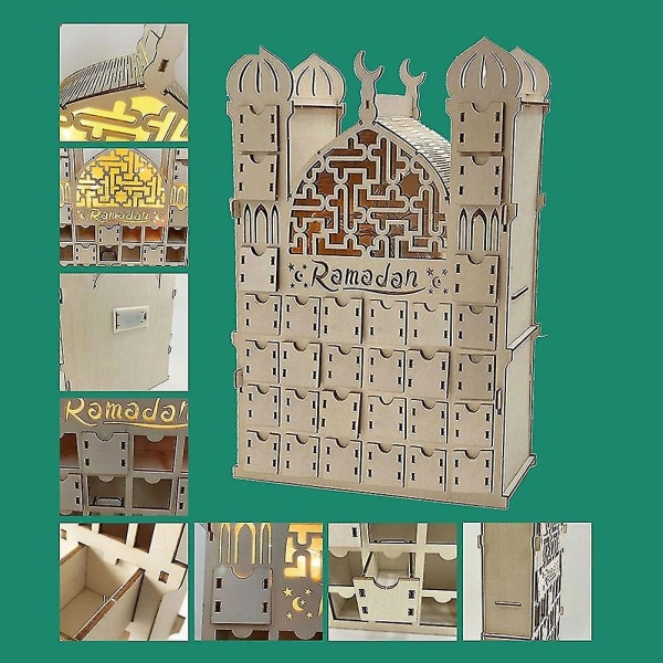 Ramadankalender, återanvändbar träkalender med 30 lådor, Eid Mubarak-dekoration, Ramadankalender